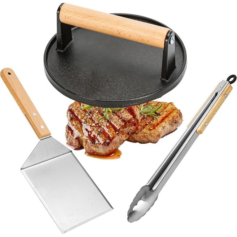 Cast Iron Burger Press Kit W/ Stainless Steel Tongs Spatula BBQ Grill Tools New gallery