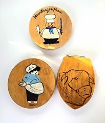 ​​3 Vintage Wooden Hamburger Press Lot Hand Painted Chef Cow Farmhouse