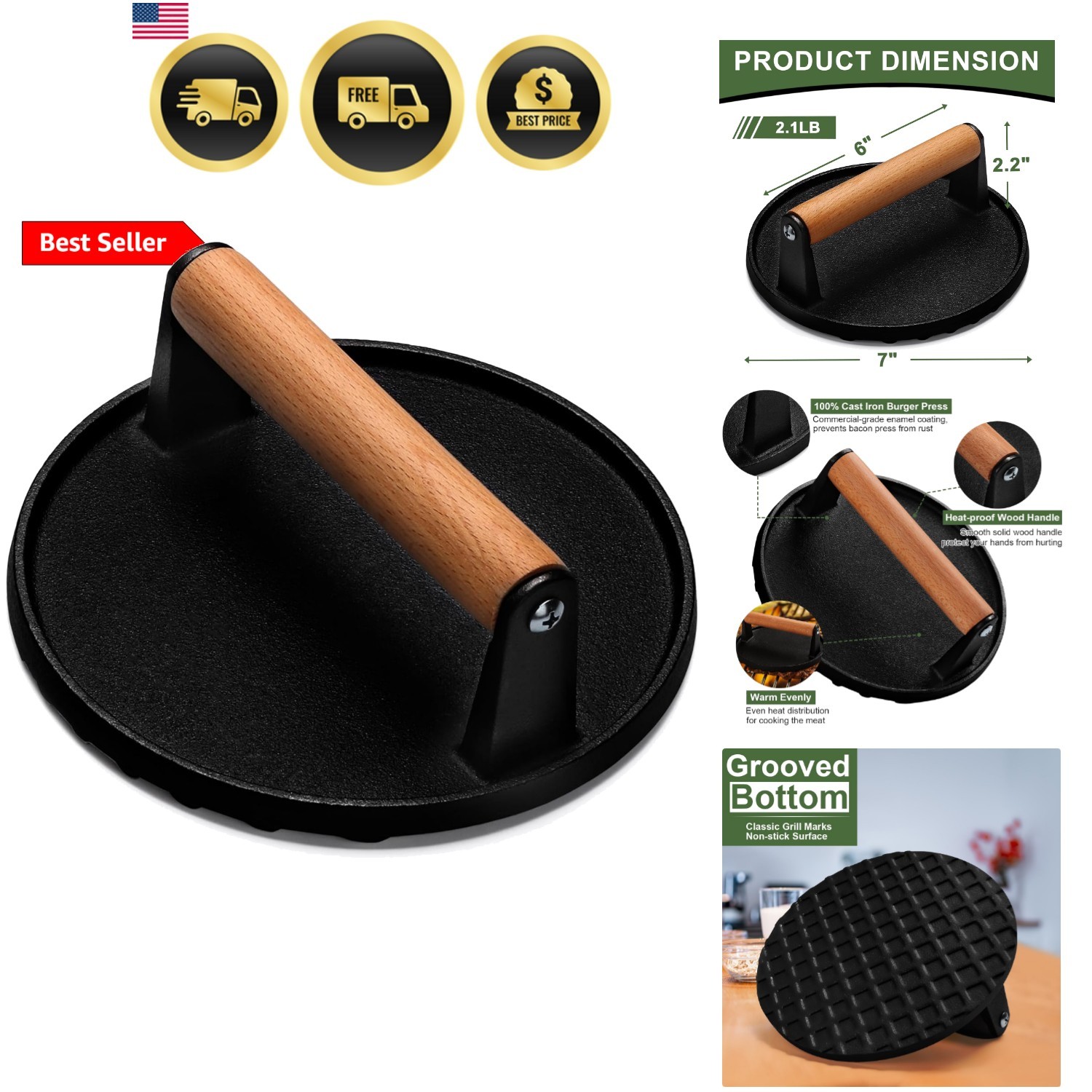 Burger Press, 7" Round Heavy-Duty Cast Iron Smash Bacon Press Meat Steak with... gallery