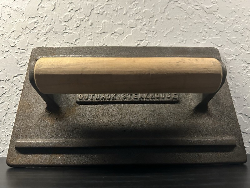 Vintage Outback Steakhouse Cast Iron Burger Press Wood Handle Grill Heavy Rare gallery
