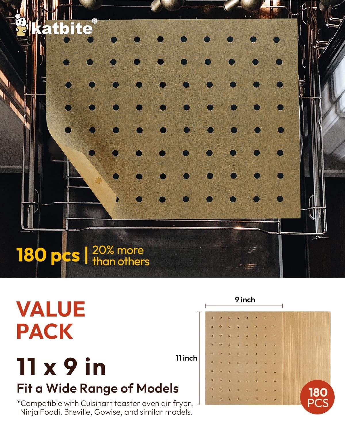 Katbite Air Fryer Parchment Paper Liners 180cs 9x11 Inch 180 Pcs, unbleached gallery