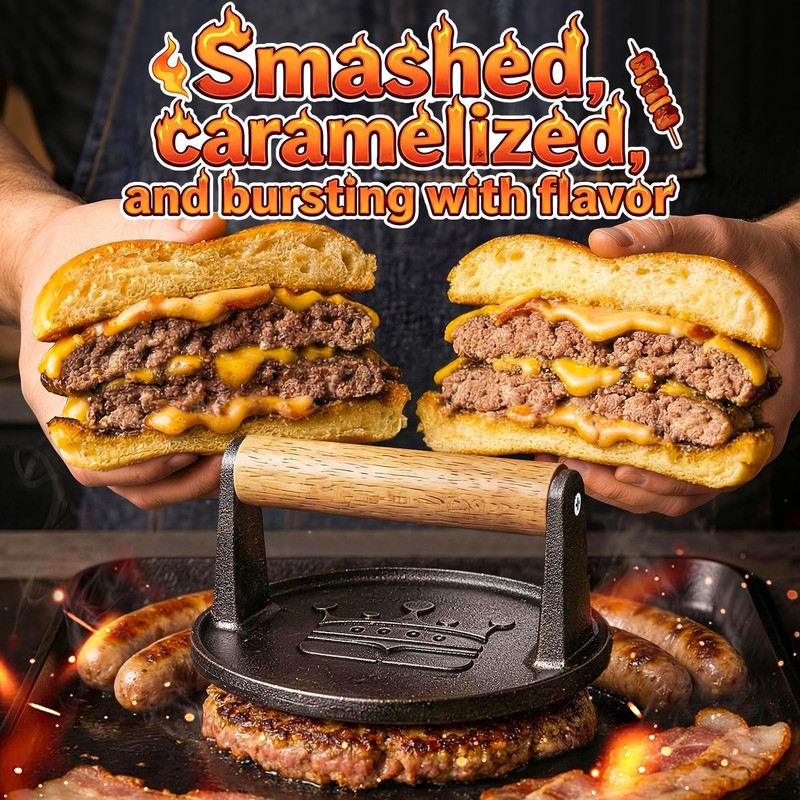 Smash Burger 6.5”,Cast Iron Flat Round Edge Grill/Bacon/Meat/Hamburger/Chef w... gallery