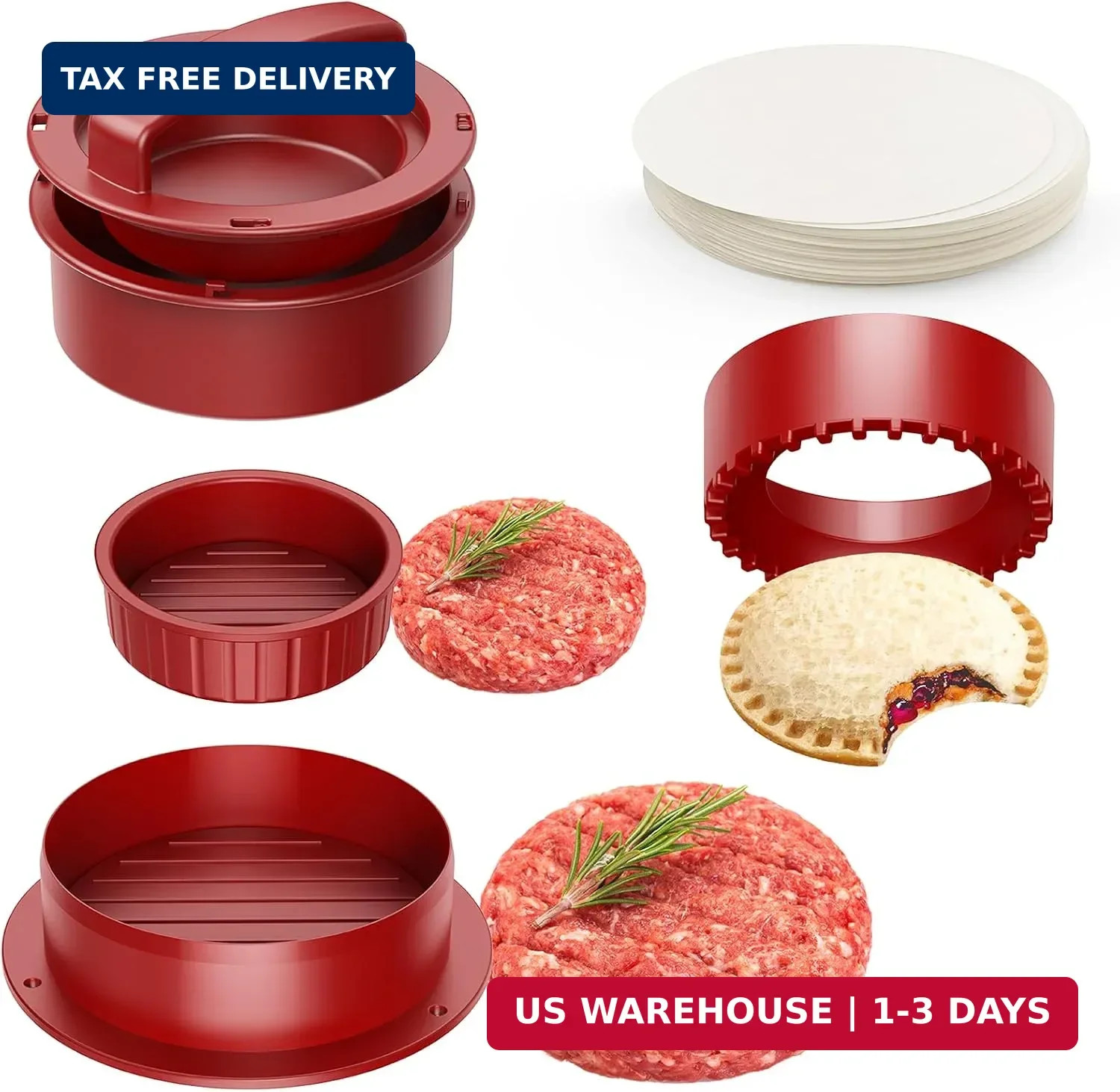 Burger Press Patty Maker 4 in 1 Stuffed Slider Sandwich Cutter 100 Wax Discs Red gallery