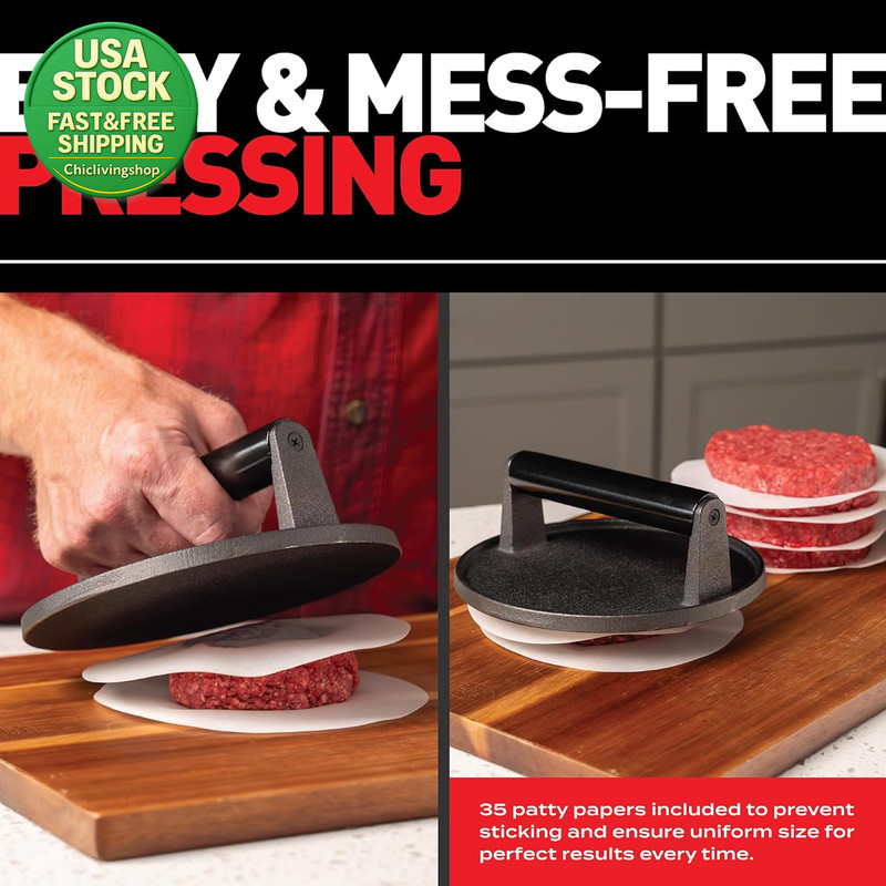 Smash Burger Press Kit 7 Inch Flat Bottom Cast Iron with 35 Pcs Patty Paper gallery