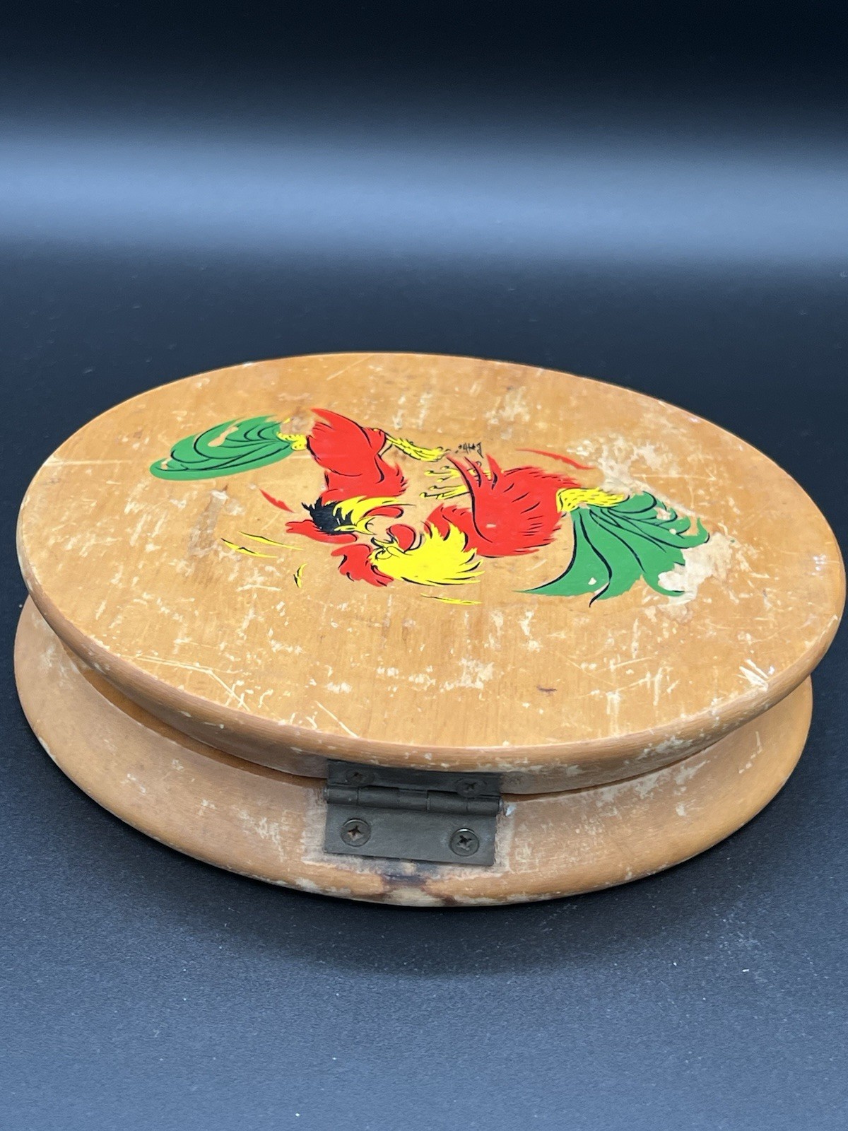 VTG MCM Wooden Hinged Hamburger Press Hand Painted Fighting Roosters Japan 1950s gallery