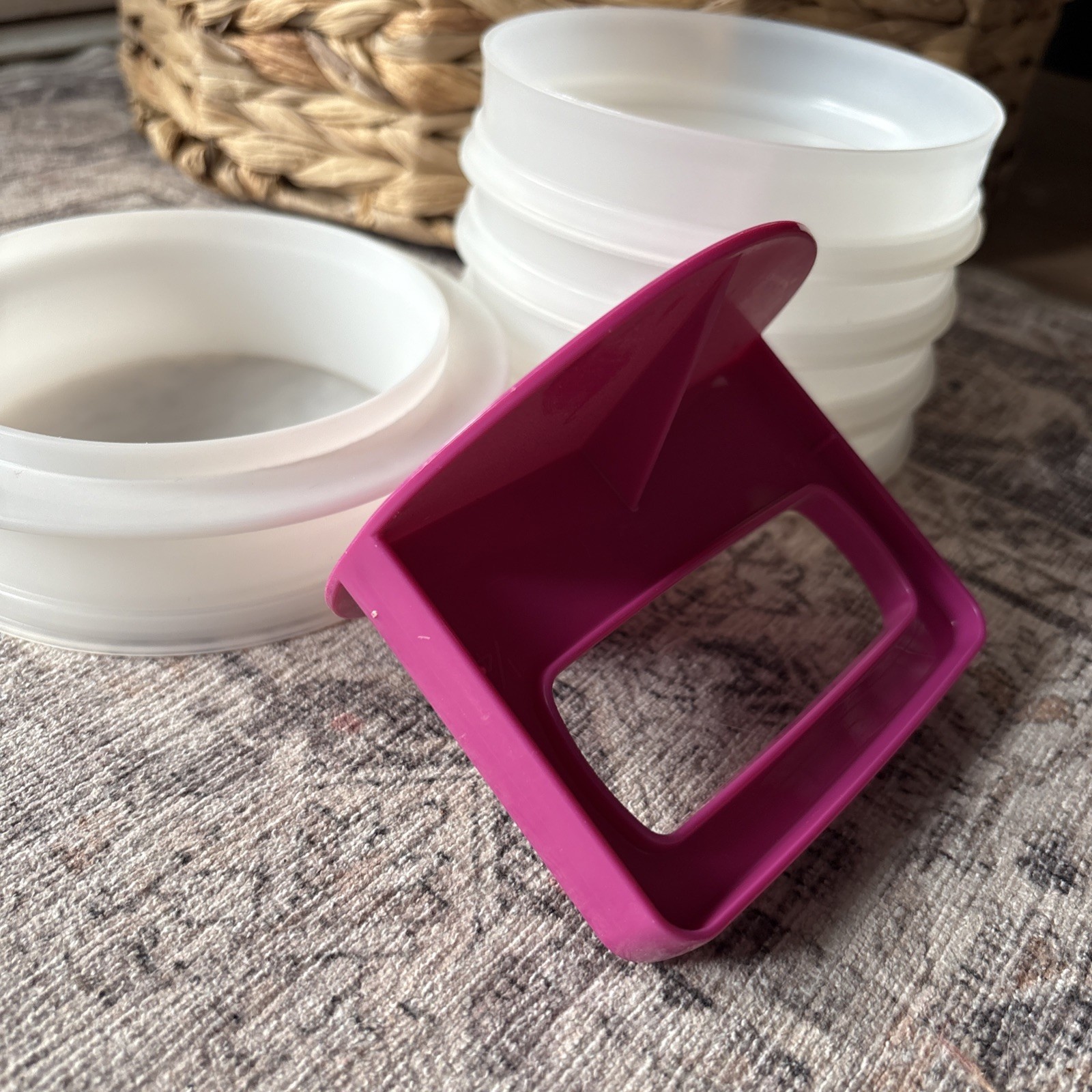 Vintage Tupperware Large Hamburger Patty Press & 5 Keepers Fuchsia Pink No Lid gallery