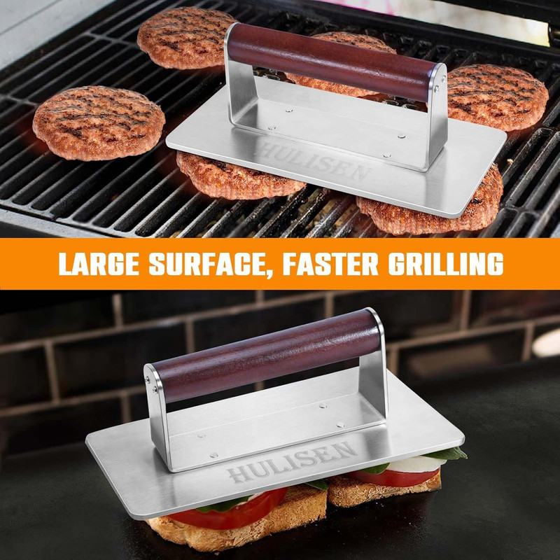 Stainless Steel Bacon Press, 9 Inch Large Heavy Duty Burger Press with Wood Hand gallery
