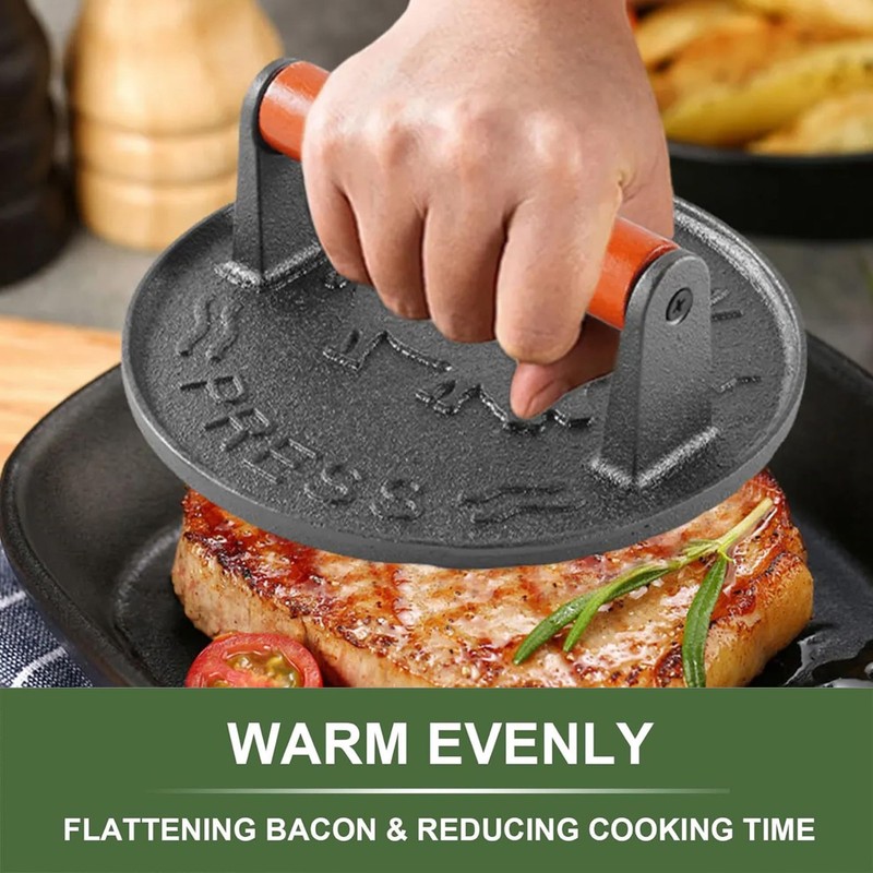 Burger Press, Heavy Duty Cast Iron Grill Bacon Press with Stay-Cool Wood Hand... gallery