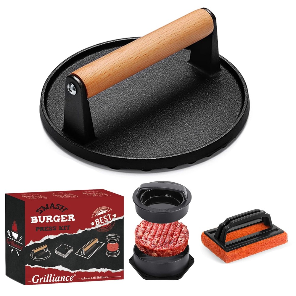 Smash Burger , 3 in 1 Hamburger Patty Maker, Dark Black Cast Iron Burger , Cl...