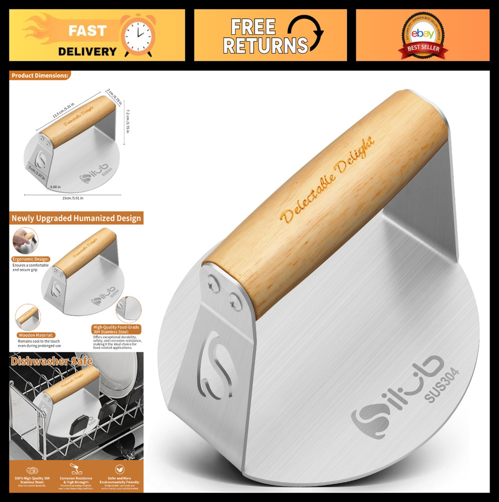 Stainless Steel Burger Press 6" - Non-Stick Hamburger Smasher with Wood Handle