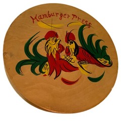 Vintage Japanese Hand Painted Hinged Wooden Burger Press Red Green Roosters