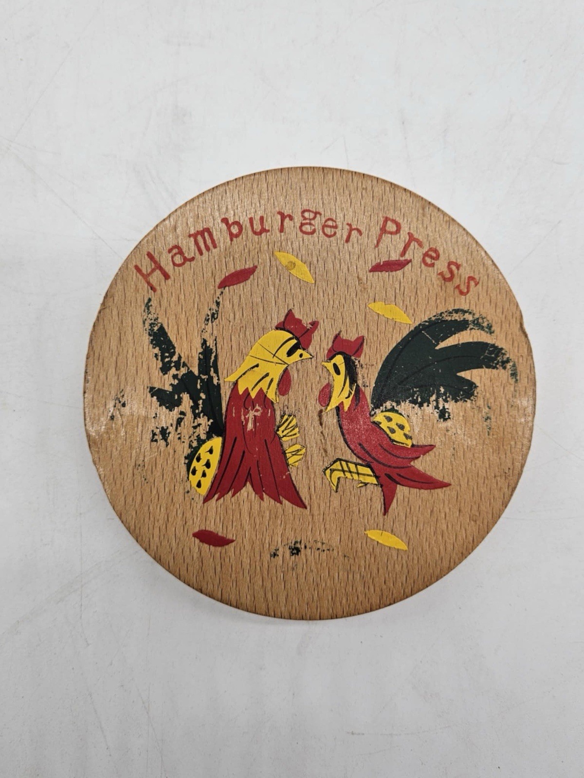 Vintage 50s 60s MCM Cragstan Hand Painted Roosters Wood Hamburger Press Japan gallery