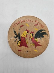 Vintage 50s 60s MCM Cragstan Hand Painted Roosters Wood Hamburger Press Japan