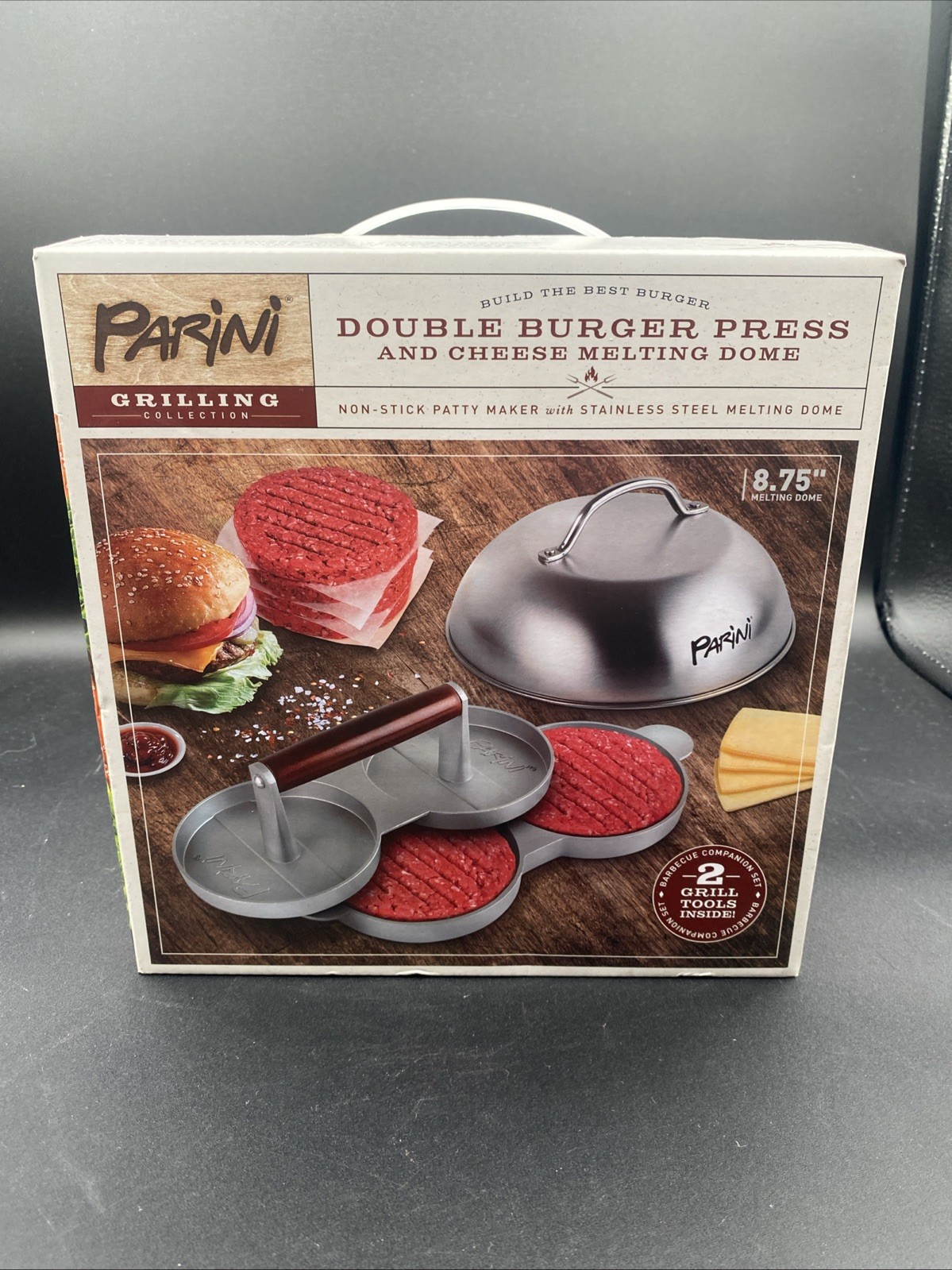 Parini Double Non-Stick Burger Press & Cheese Melting Dome 8.75" NIB gallery