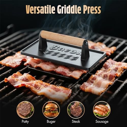 Heavy-Duty Cast Iron Bacon & Burger Press Tool - Pre-Seasoned, 2 lb, Wood Handle gallery
