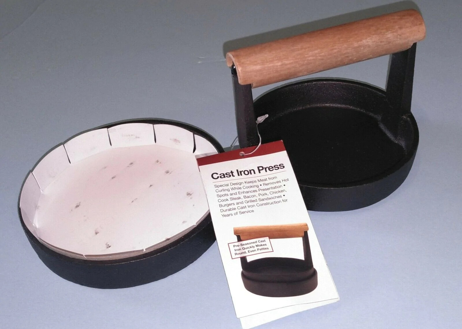 Mr. Bar-B-Q Pre-Seasoned Cast Iron Burger Grill Press Round w/Rosewood Handle gallery