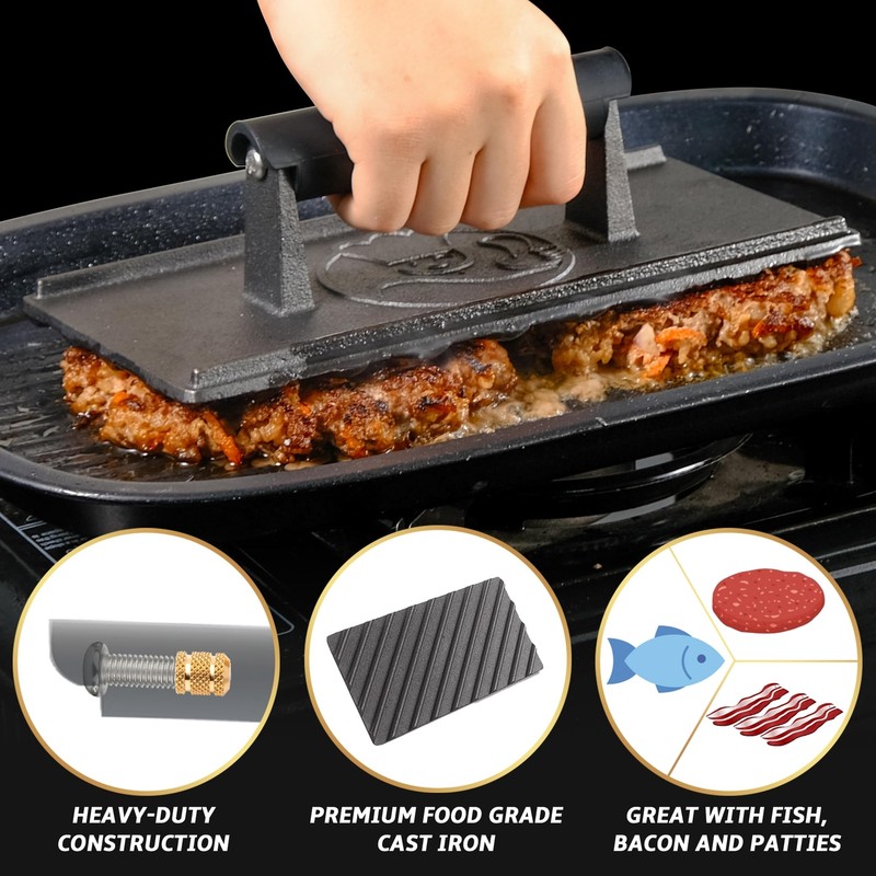 3lb Cast Iron Grill Press Heavy Duty Smash Burger Press for Griddle Heat Resi... gallery