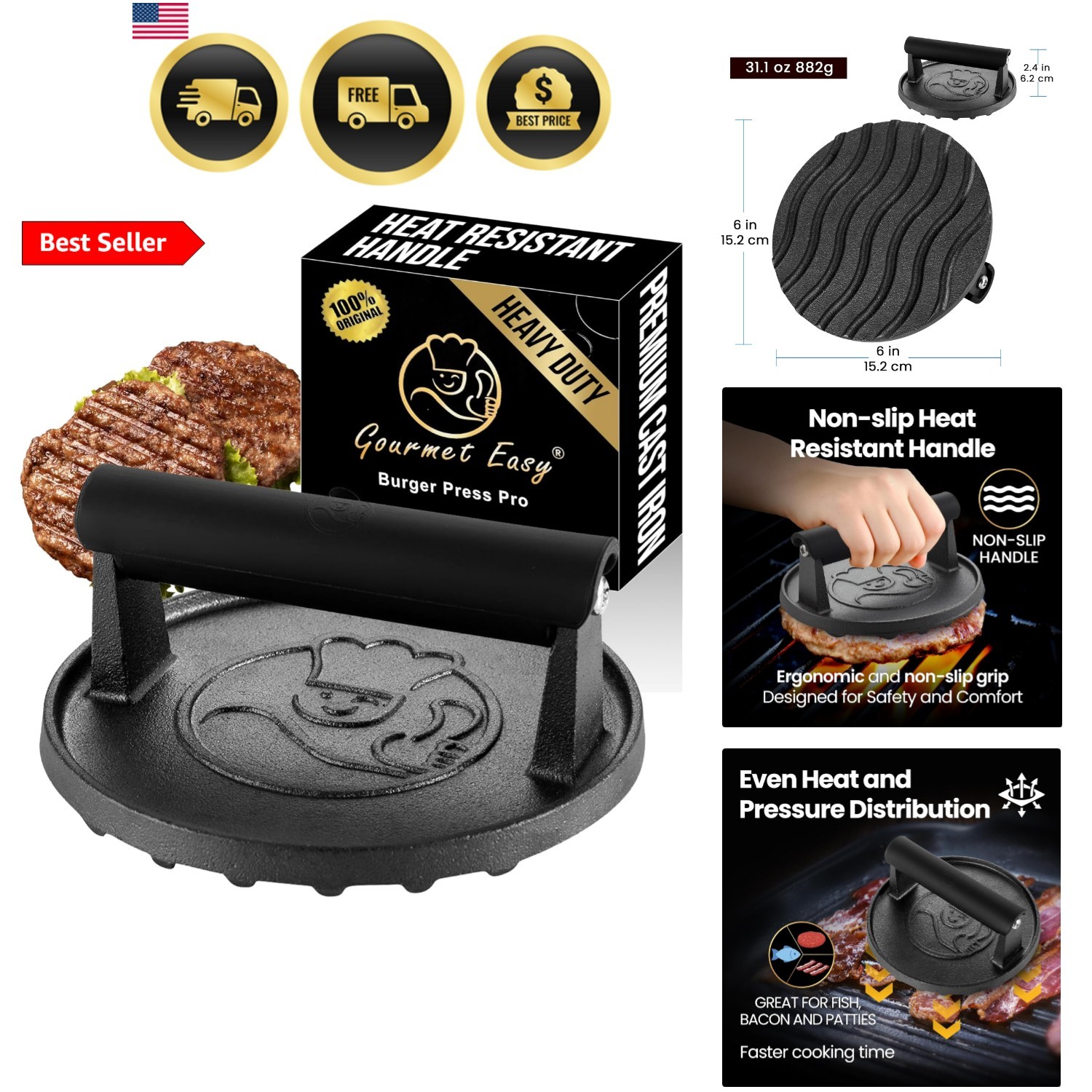 Smash Burger Press for Griddle, 5- , 2 lb Heavy Duty Burger Smasher Tool with... gallery