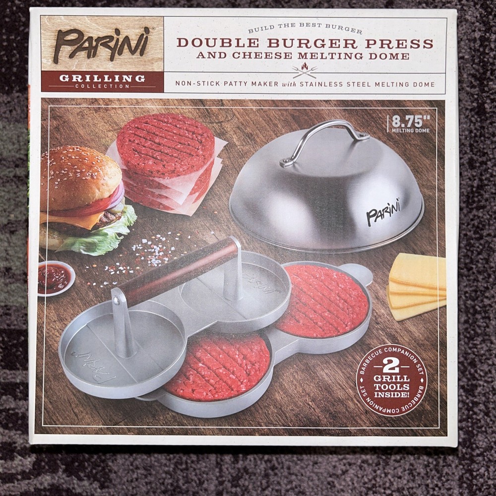 NIB Parini Double Non-Stick Burger Press & Cheese Melting Dome 8.75"