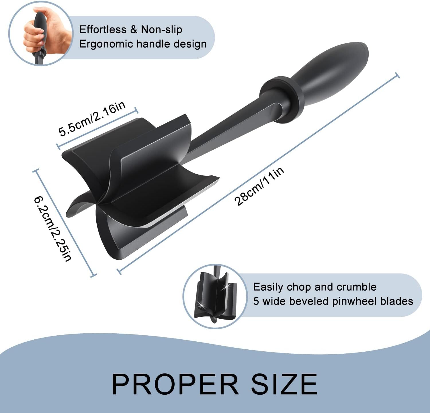 Meat Chopper, 5 Curve Blades Ground Beef Masher, Heat Resistant 1Pack, Black gallery