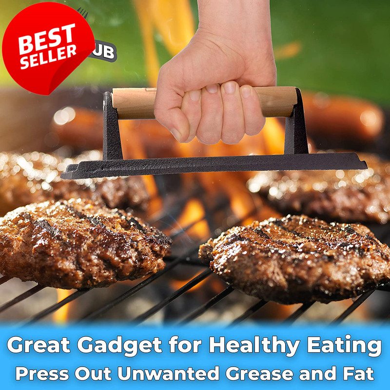 Cast Iron Grill Press 2Pk Pre Seasoned Steak Burger Weight Wood Handle BBQ - US gallery