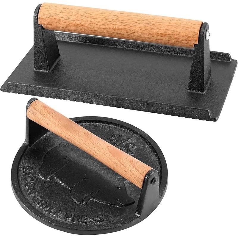 Heavy Duty Cast Iron Grill Press Wooden Handle Even Cooking Bacon Burger Steak gallery