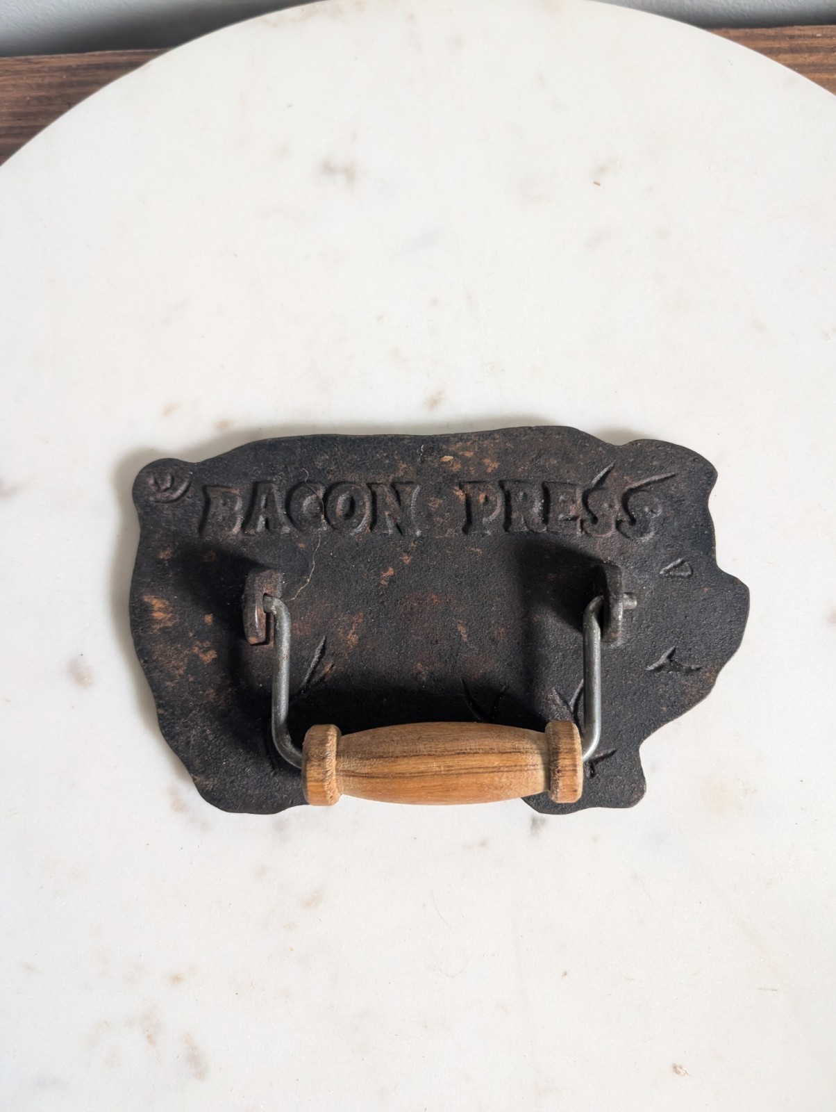 Cast Iron Bacon Press Pig Shape Grill Press Burger Smasher Wood Handle gallery