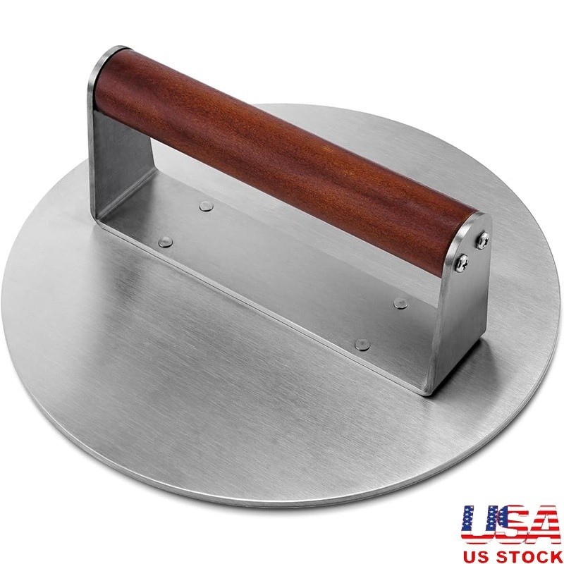 Premium Stainless Steel Burger Press Non-Stick Grill Weight W/ Wood Handle New