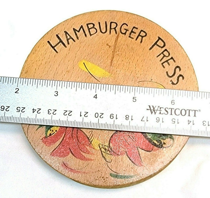 Vintage Chicken Hamburger Burger Press Wooden Hand Painted Fighting Rooster gallery