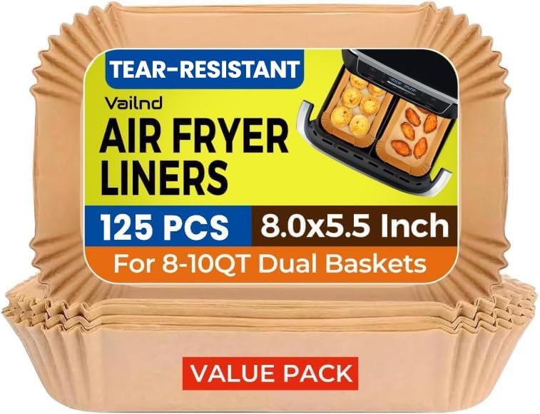 125Pcs Air Fryer Liners Disposable for Dual Basket, 8*5.5"Rectangle, Natural