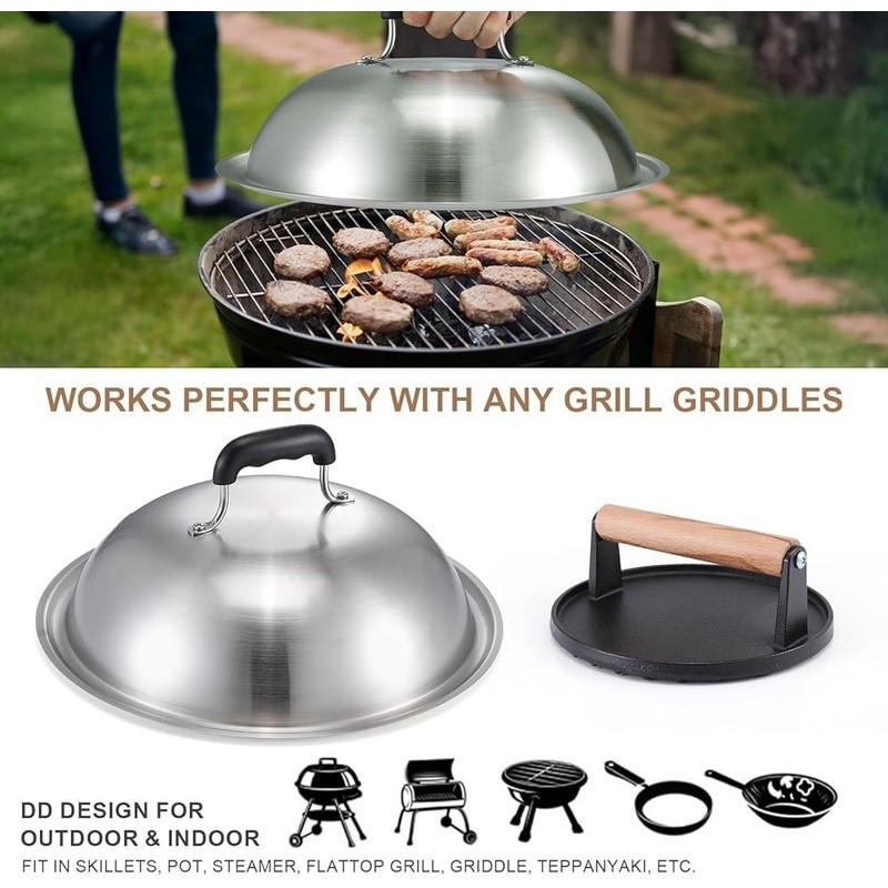 7 Inch Cast Iron Burger Press W/ 12.5 Inch Stainless Steel Melting Dome Set New gallery