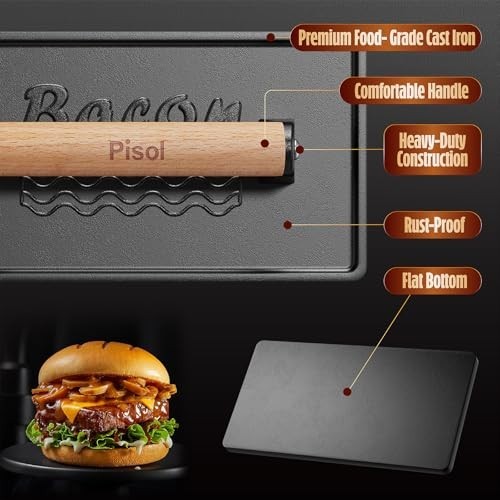 Heavy-Duty Cast Iron Bacon & Burger Press Tool - Pre-Seasoned, 2 lb, Wood Handle gallery