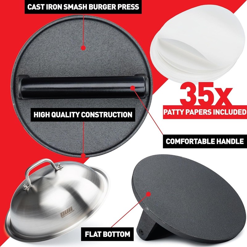 Ultimate Smash Burger Press Kit - 7'' Cast Iron Press with Melting Dome & Papers gallery
