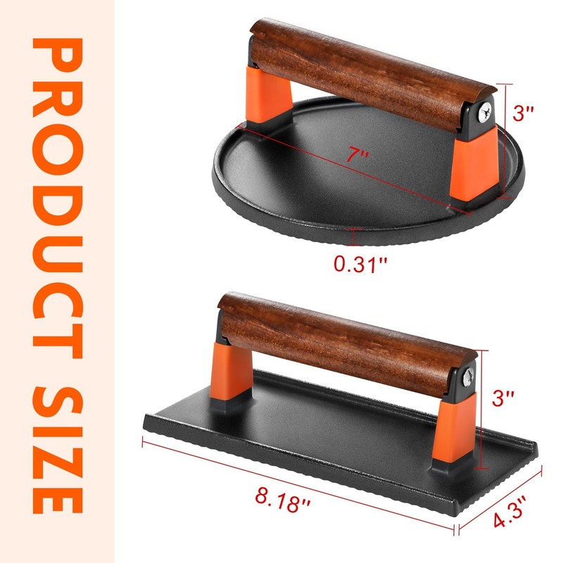 Cast Iron Burger Press Kit 7"Round and 8"x4"Rectangle Smash Set for Grill gallery