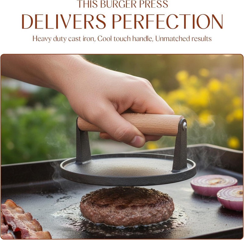 Heavy Duty Cast Iron Smash Burger Press 7" round Grill Press for Cooking Burgers gallery