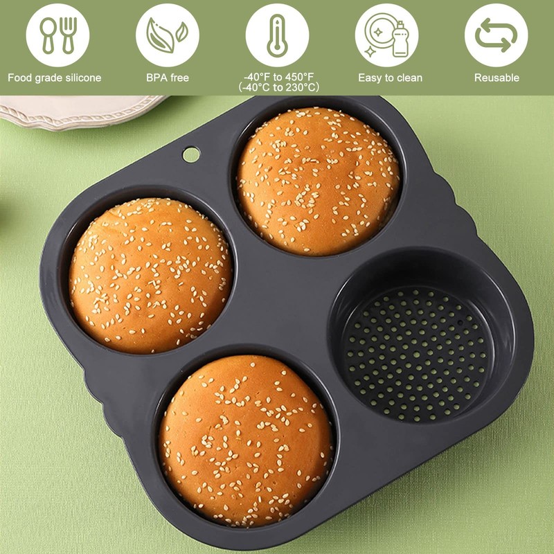 2Pcs Silicone Hamburger Bun Mold 4 Cavities Non-stick Flexible Bread Pan Baking gallery