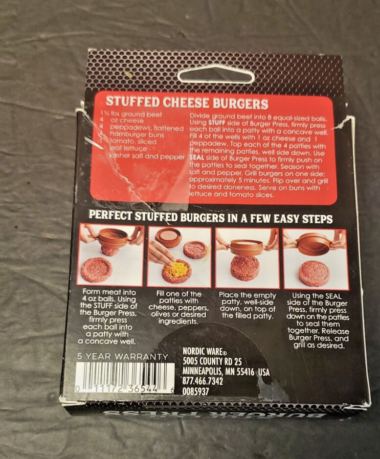 Nordic Ware 3 In 1 Stuffed Burger Maker & Patty Press Indoor Outdoor New in Box gallery