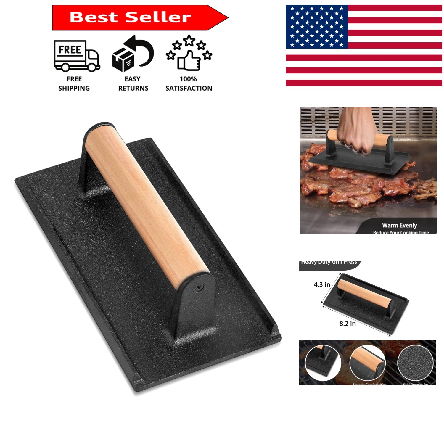 Food-Grade Cast Iron Smash Press, 8.2"x4.3" for Juicy Burgers & Healthy Meals gallery