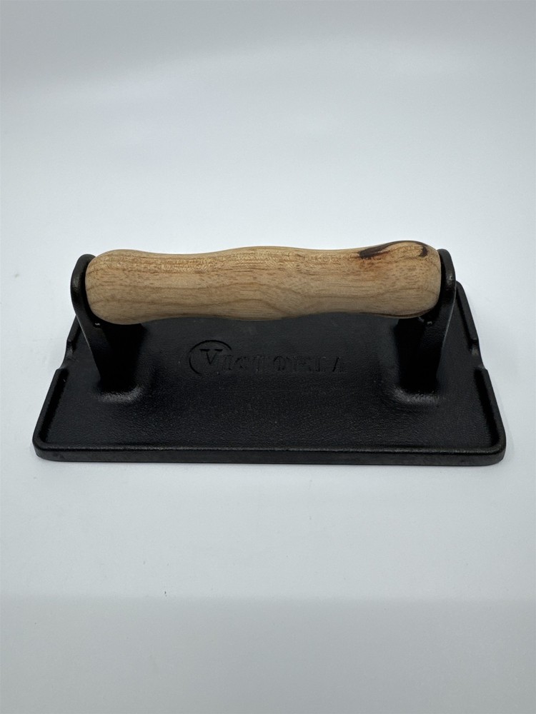 Black Victoria Cast Iron Panini Press, Burger Press, Bacon Press Wooden Handle