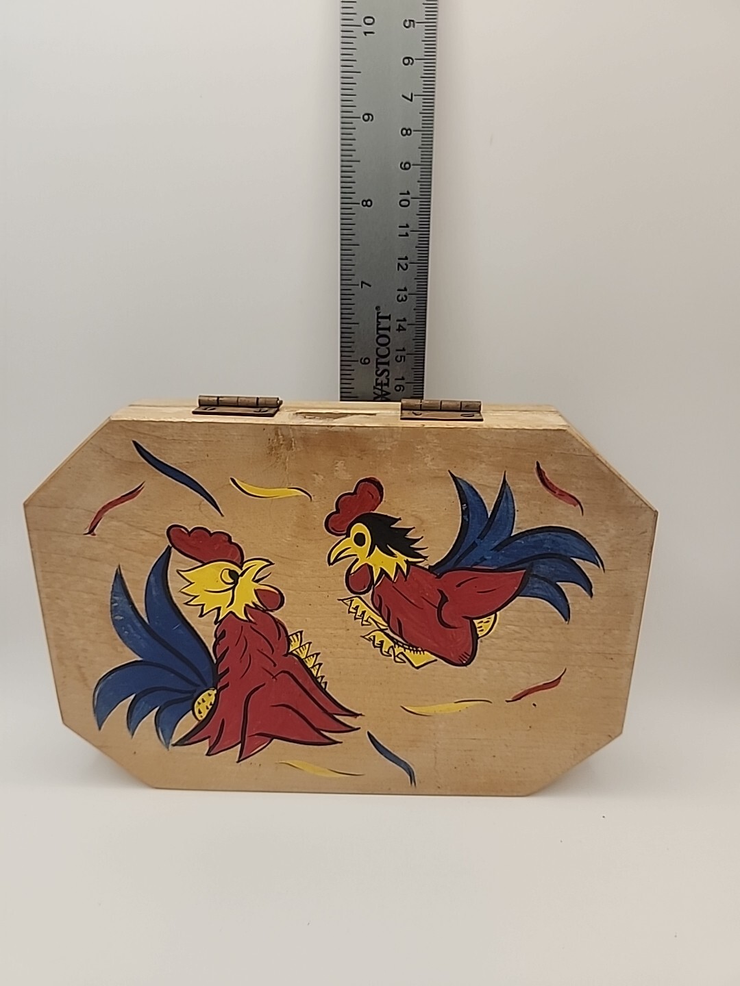 Vintage Wooden Wood Hamburger Press Hand Painted Folk Art Chickens Rooster gallery