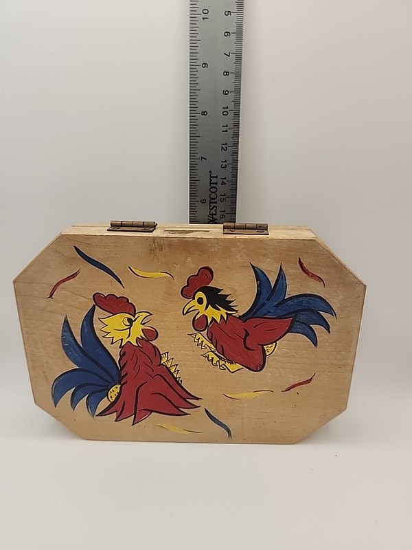 Vintage Wooden Wood Hamburger Press Hand Painted Folk Art Chickens Rooster gallery