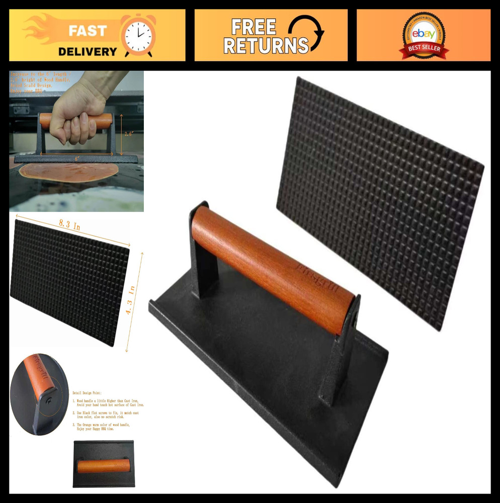 Heavy-Duty Cast Iron Grill Press & Steak Weight - Cool-Touch Handle BBQ Tool