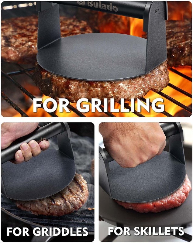 Burger Press 6'' Round Burger Smasher Griddle W/ Heat-Resistant Handle gallery