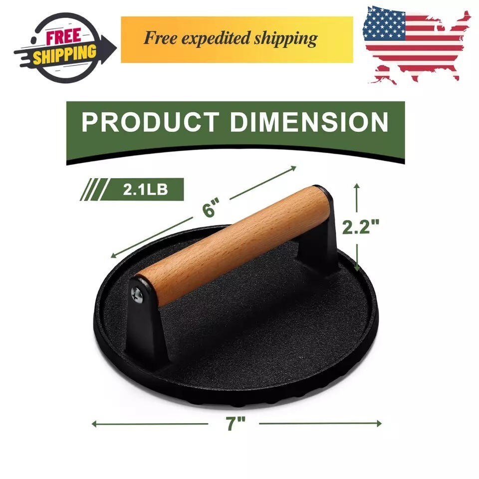 Burger Press, 6"/7" round Heavy-Duty Cast Iron Smash Bacon Press Meat Steak gallery