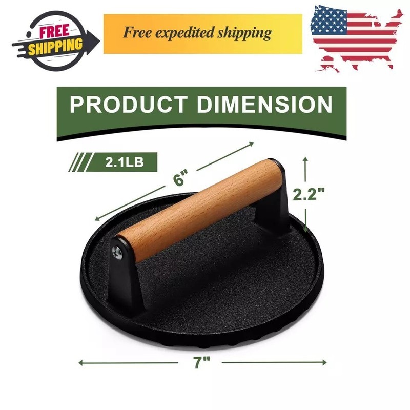Burger Press, 6"/7" round Heavy-Duty Cast Iron Smash Bacon Press Meat Steak gallery