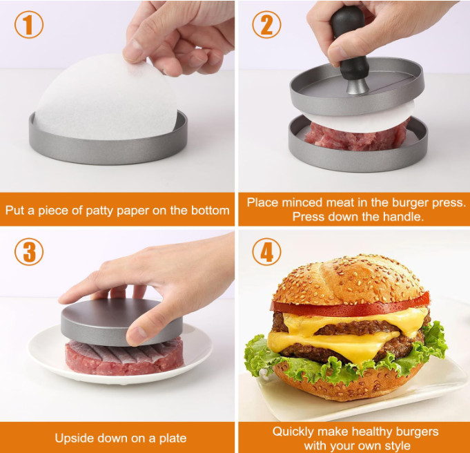 Prensa para hamburguesas de aluminio con 150 papeles antiadherentes para BBQ gallery