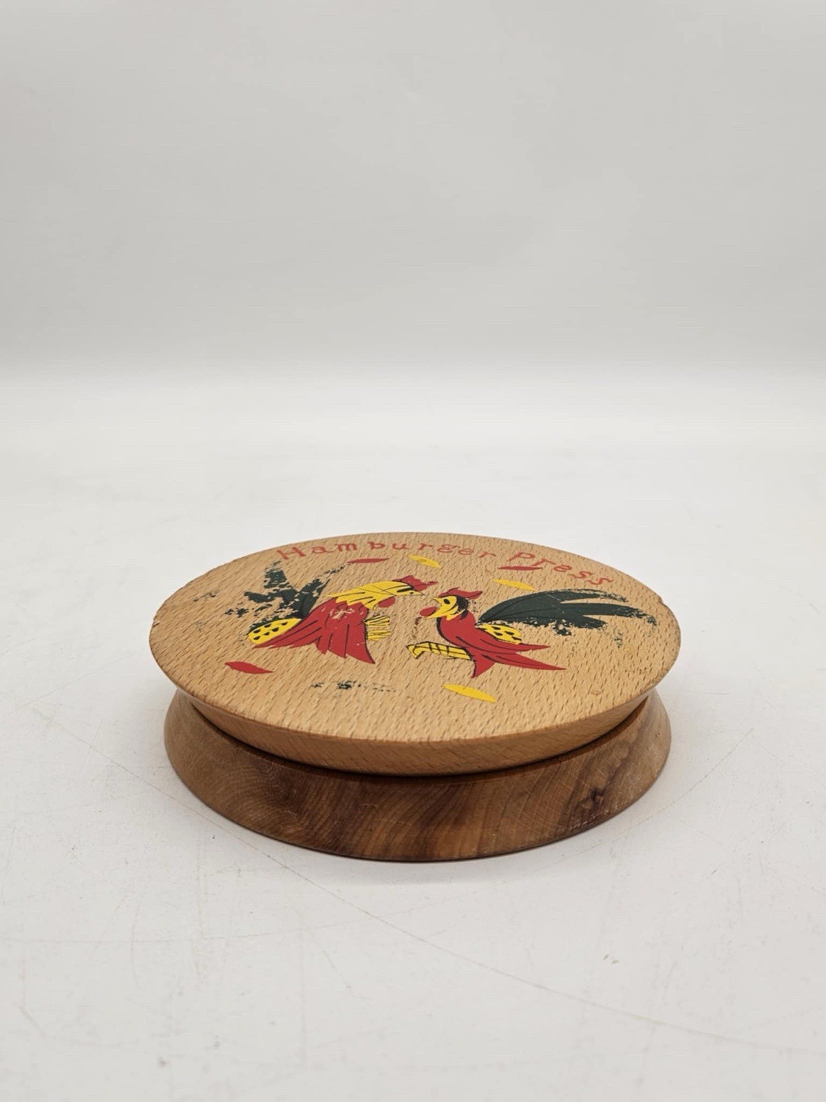 Vintage 50s 60s MCM Cragstan Hand Painted Roosters Wood Hamburger Press Japan gallery