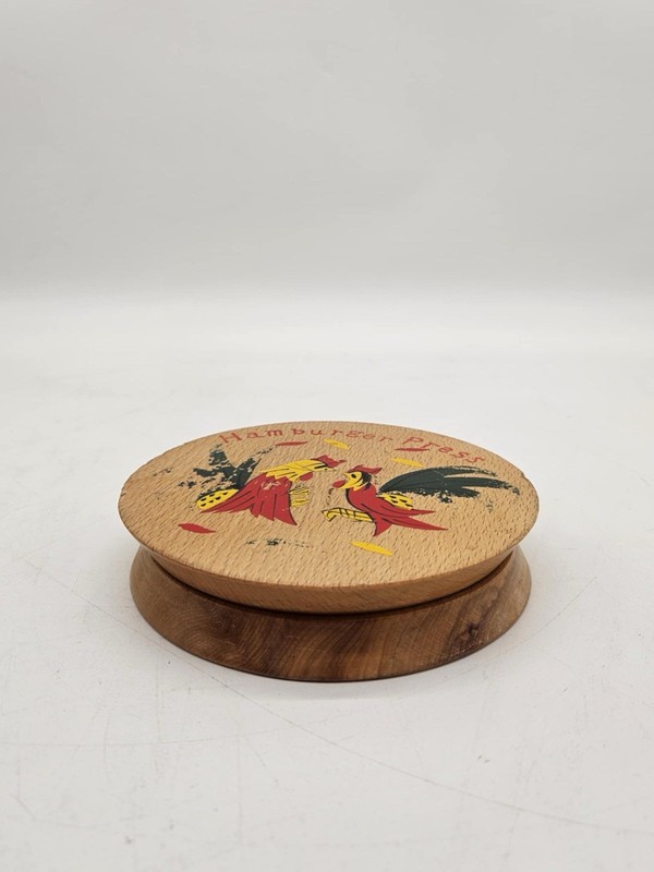 Vintage 50s 60s MCM Cragstan Hand Painted Roosters Wood Hamburger Press Japan gallery