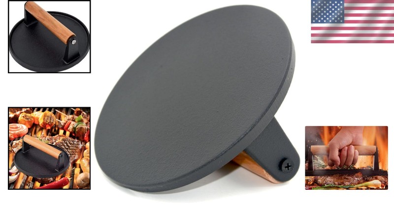 Round Cast Iron Smash Burger Press with Anti-Scald Wood Handle for Grilling gallery