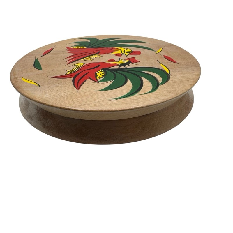 Vintage Fighting Roosters Hamburger Press Wood Hinged MCM Folk Art Kitchen Decor gallery